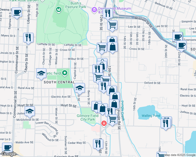 map of restaurants, bars, coffee shops, grocery stores, and more near 1176 Oxford Street Southeast in Salem