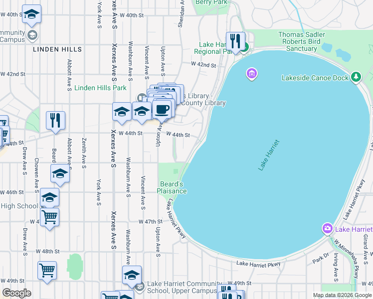 map of restaurants, bars, coffee shops, grocery stores, and more near 4430 West Lake Harriet Parkway in Minneapolis