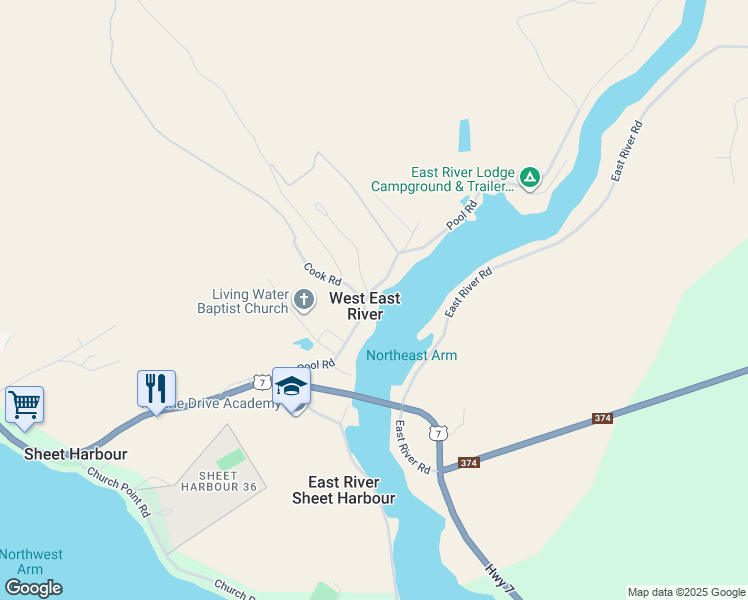 map of restaurants, bars, coffee shops, grocery stores, and more near 40 Pool Road in Mooseland