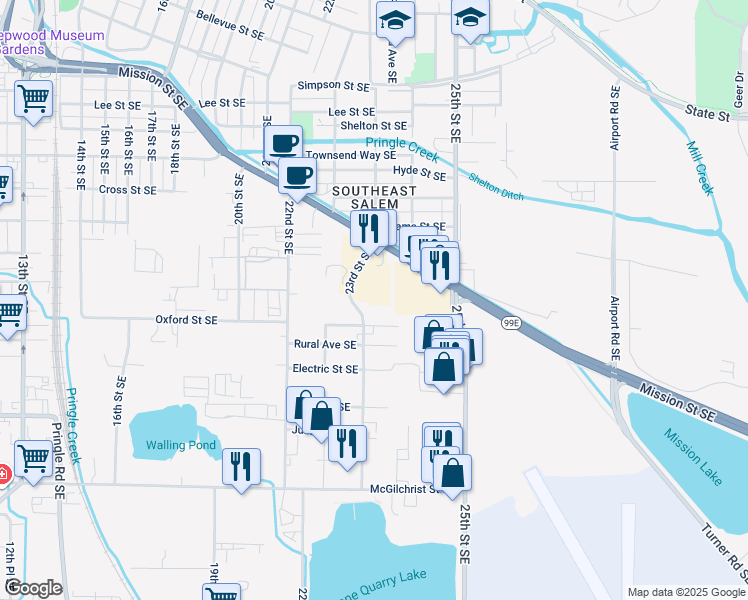map of restaurants, bars, coffee shops, grocery stores, and more near 2360 Oxford Street Southeast in Salem