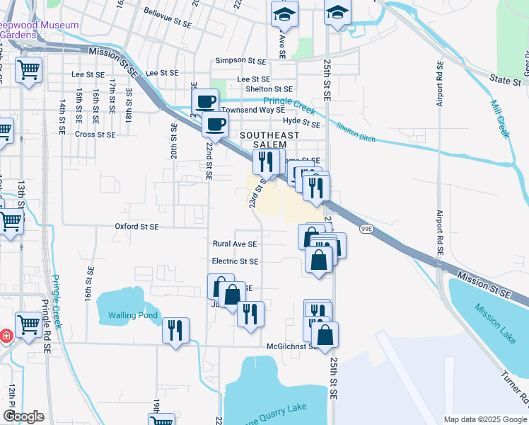 map of restaurants, bars, coffee shops, grocery stores, and more near 1510 23rd Street Southeast in Salem