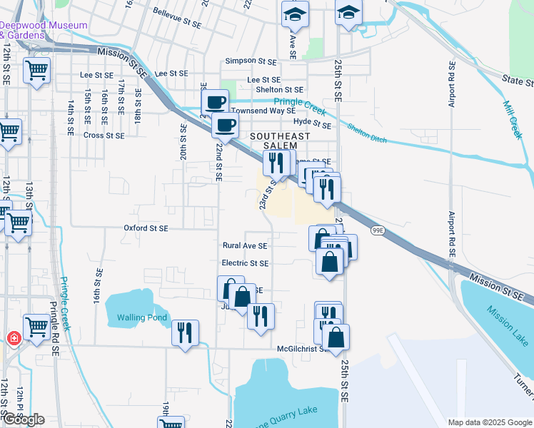 map of restaurants, bars, coffee shops, grocery stores, and more near 1510 23rd Street Southeast in Salem