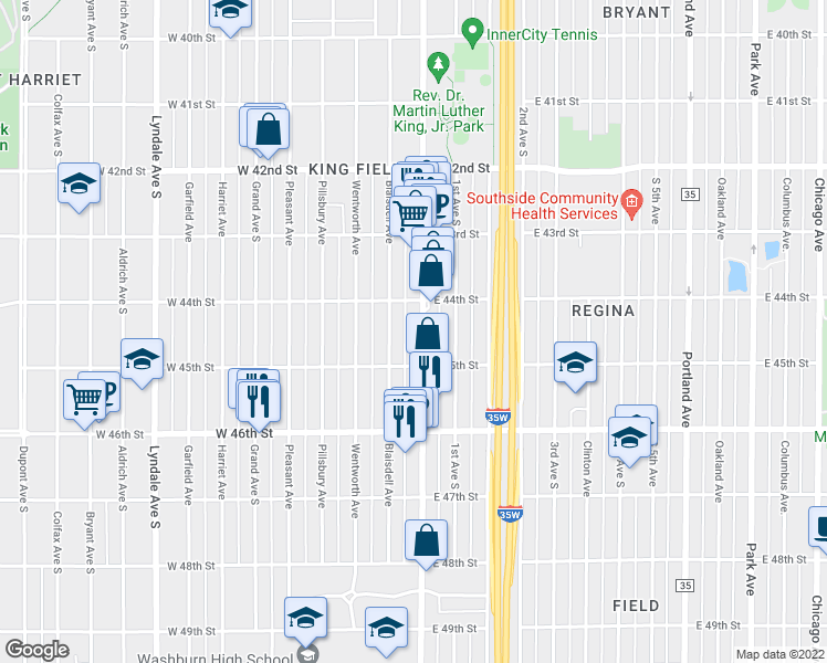 map of restaurants, bars, coffee shops, grocery stores, and more near 4439 Blaisdell Avenue in Minneapolis