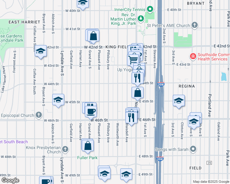 map of restaurants, bars, coffee shops, grocery stores, and more near 4445 Wentworth Avenue in Minneapolis