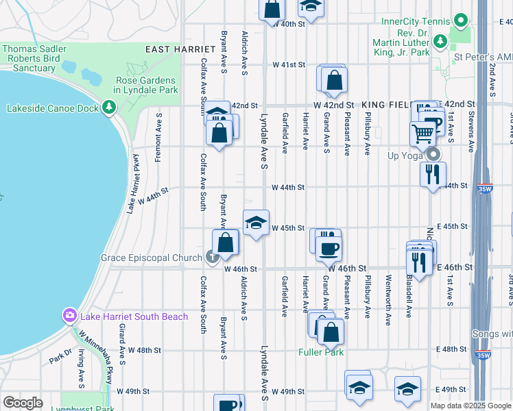 map of restaurants, bars, coffee shops, grocery stores, and more near 4437 Aldrich Avenue South in Minneapolis