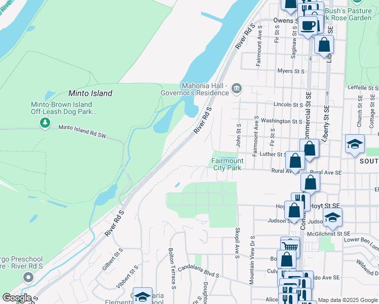 map of restaurants, bars, coffee shops, grocery stores, and more near 1920 River Road South in Salem