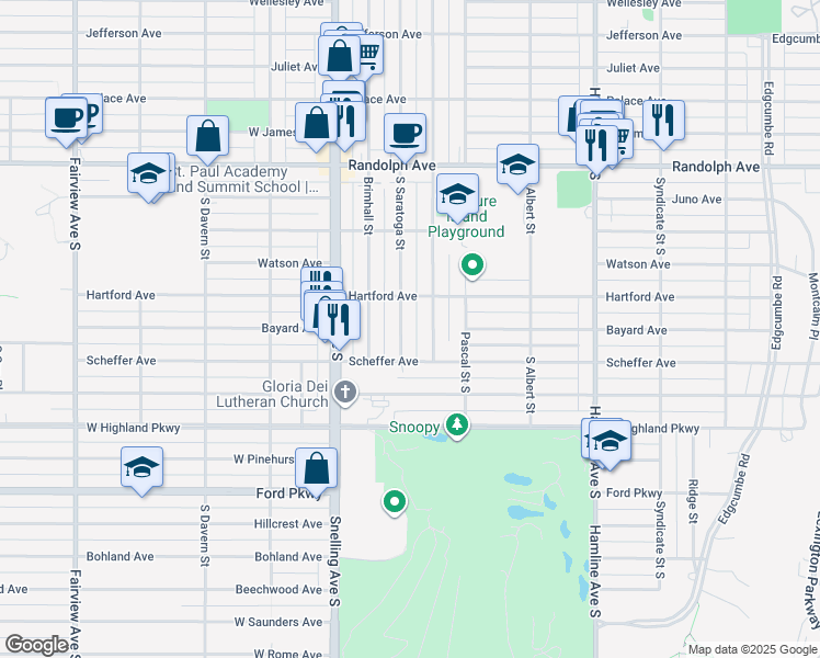 map of restaurants, bars, coffee shops, grocery stores, and more near 645 Warwick Street in Saint Paul
