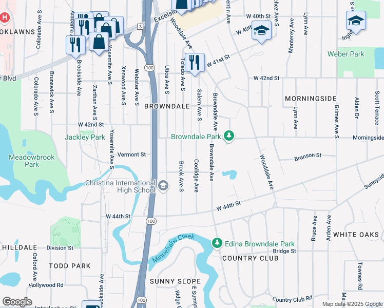 map of restaurants, bars, coffee shops, grocery stores, and more near 4332 Coolidge Avenue in Minneapolis