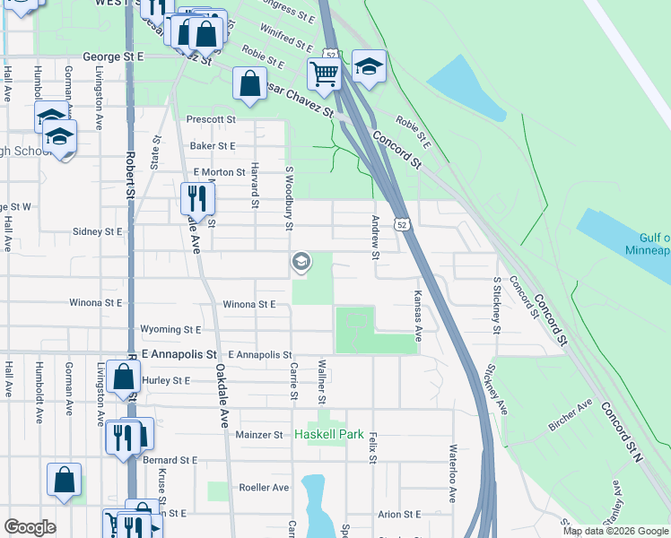 map of restaurants, bars, coffee shops, grocery stores, and more near 350 Belvidere Street East in Saint Paul
