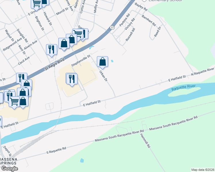 map of restaurants, bars, coffee shops, grocery stores, and more near 10 Urban Dr in Massena