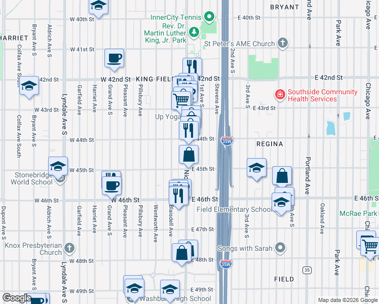 map of restaurants, bars, coffee shops, grocery stores, and more near 4429 Nicollet Avenue in Minneapolis