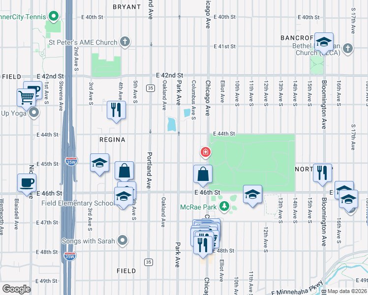 map of restaurants, bars, coffee shops, grocery stores, and more near 4421 Park Ave in Minneapolis