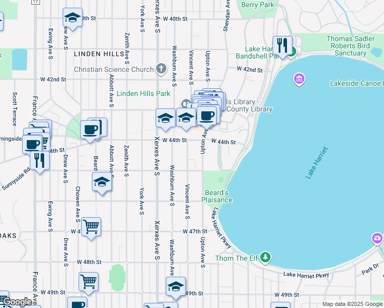 map of restaurants, bars, coffee shops, grocery stores, and more near 4440 Vincent Avenue South in Minneapolis