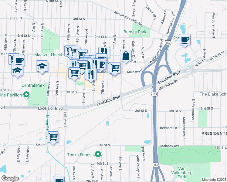 map of restaurants, bars, coffee shops, grocery stores, and more near 62 6th Avenue South in Hopkins