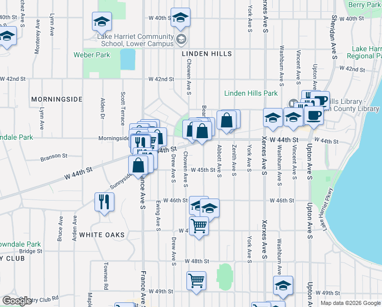 map of restaurants, bars, coffee shops, grocery stores, and more near 4434 Chowen Avenue South in Minneapolis
