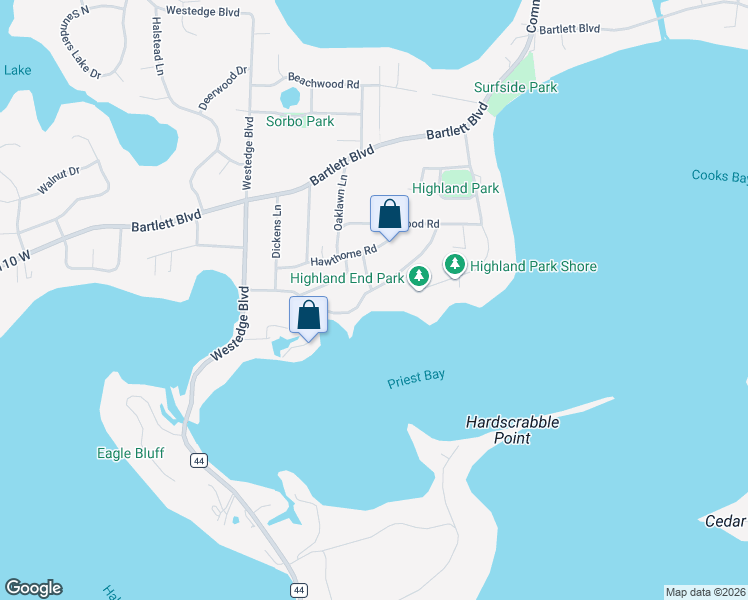map of restaurants, bars, coffee shops, grocery stores, and more near 6033 Ridgewood Road in Mound