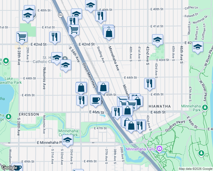 map of restaurants, bars, coffee shops, grocery stores, and more near 3605 East 44th Street in Minneapolis