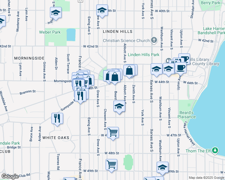 map of restaurants, bars, coffee shops, grocery stores, and more near 4418 Beard Avenue South in Minneapolis