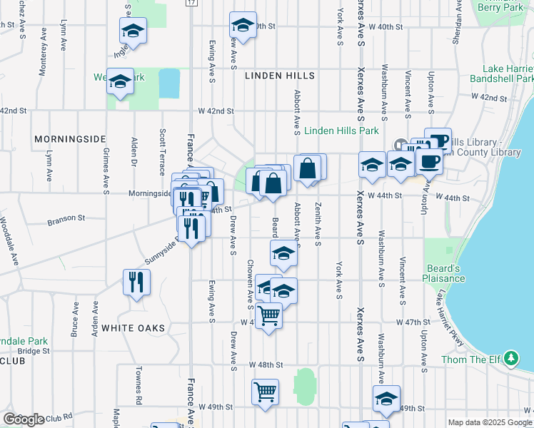 map of restaurants, bars, coffee shops, grocery stores, and more near 4441 Beard Avenue South in Minneapolis