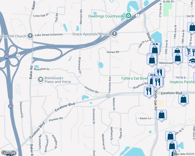 map of restaurants, bars, coffee shops, grocery stores, and more near 12616 James Road in Hopkins