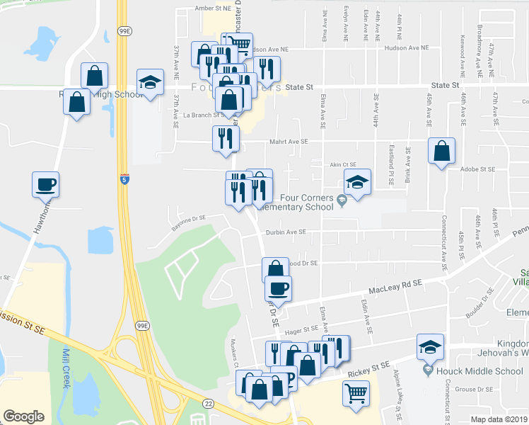 map of restaurants, bars, coffee shops, grocery stores, and more near 520 Lancaster Dr SE in Four Corners