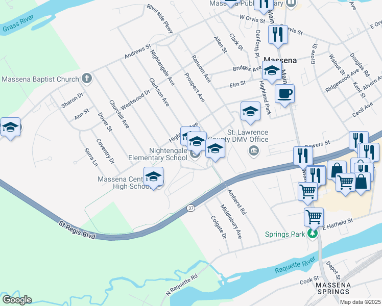 map of restaurants, bars, coffee shops, grocery stores, and more near 84 Nightengale Avenue in Massena
