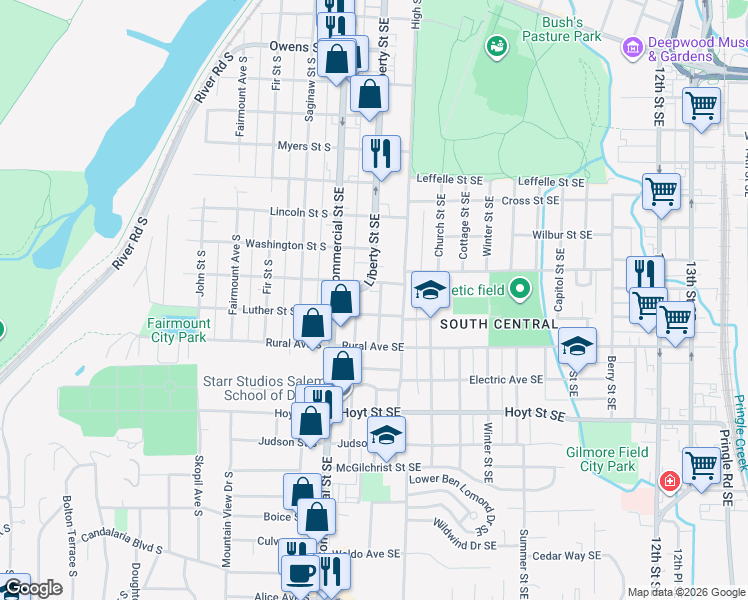 map of restaurants, bars, coffee shops, grocery stores, and more near 360 Oxford Street Southeast in Salem