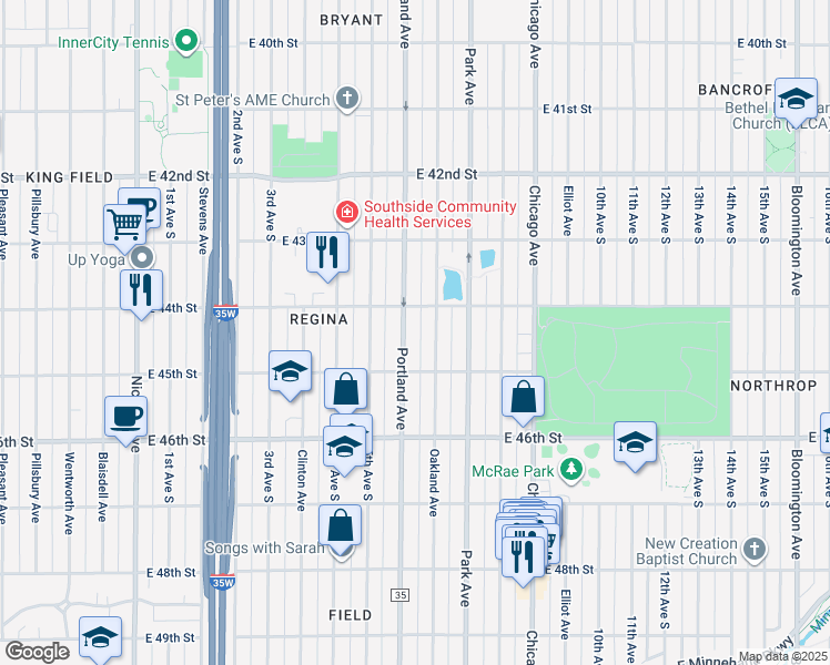 map of restaurants, bars, coffee shops, grocery stores, and more near 4441 Portland Avenue in Minneapolis