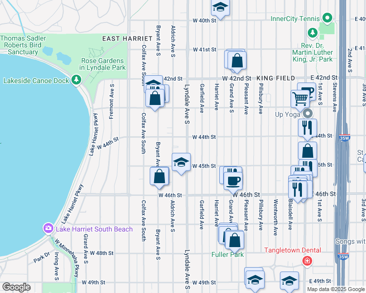 map of restaurants, bars, coffee shops, grocery stores, and more near 4433 Lyndale Avenue South in Minneapolis