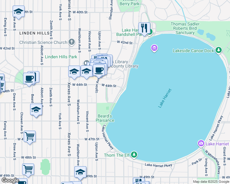 map of restaurants, bars, coffee shops, grocery stores, and more near 4430 West Lake Harriet Parkway in Minneapolis