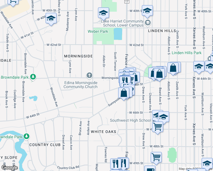 map of restaurants, bars, coffee shops, grocery stores, and more near 3947 West 44th Street in Edina