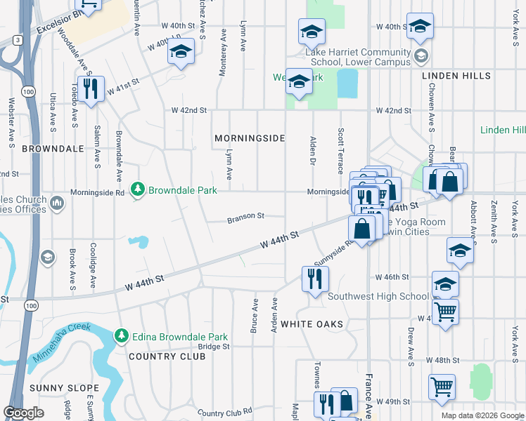 map of restaurants, bars, coffee shops, grocery stores, and more near 4301 Branson Street in Minneapolis