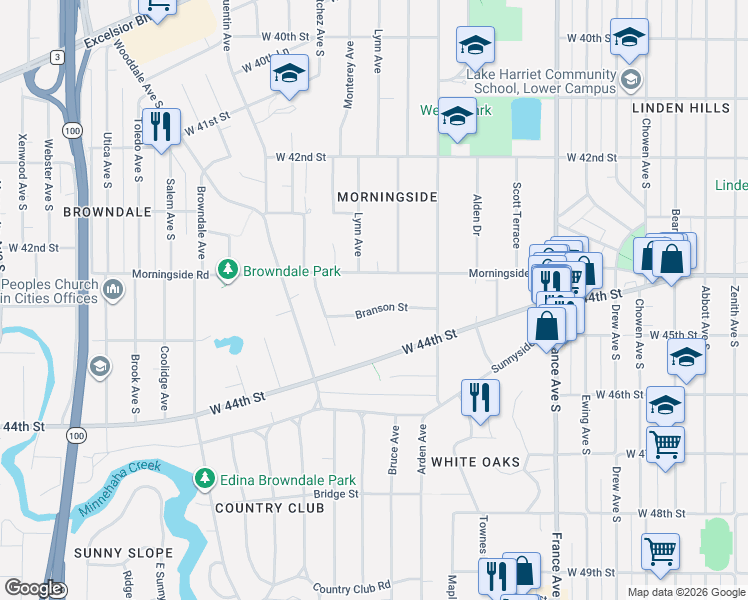 map of restaurants, bars, coffee shops, grocery stores, and more near 4315 Branson Street in Minneapolis