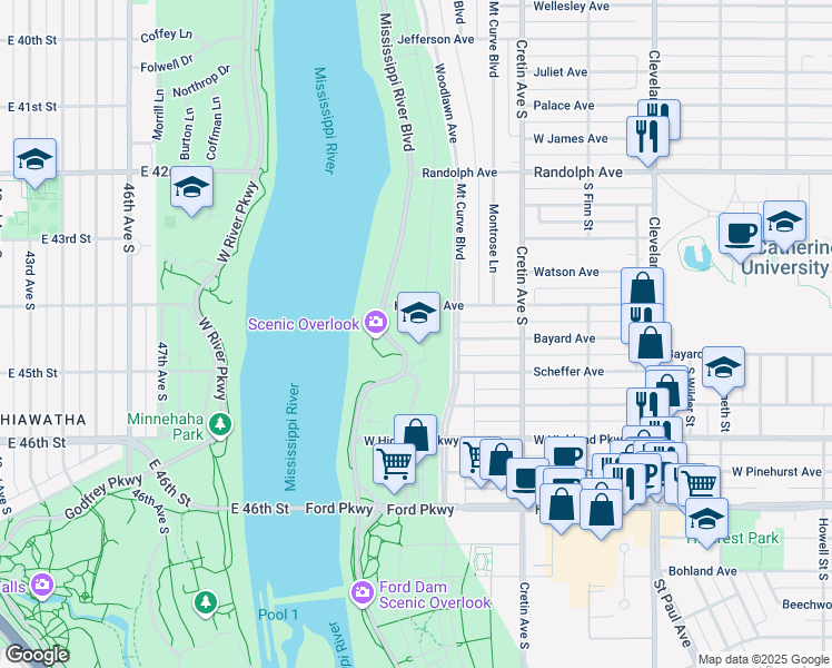 map of restaurants, bars, coffee shops, grocery stores, and more near 636 Mississippi River Boulevard South in Saint Paul
