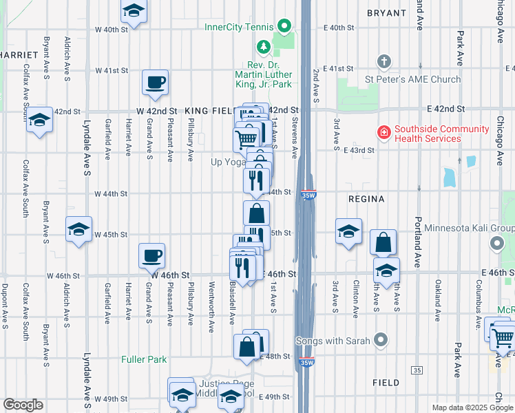 map of restaurants, bars, coffee shops, grocery stores, and more near 4429 Nicollet Avenue in Minneapolis