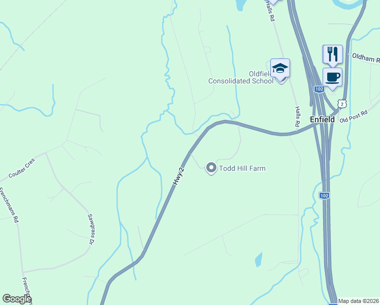 map of restaurants, bars, coffee shops, grocery stores, and more near Highway 2 in Enfield