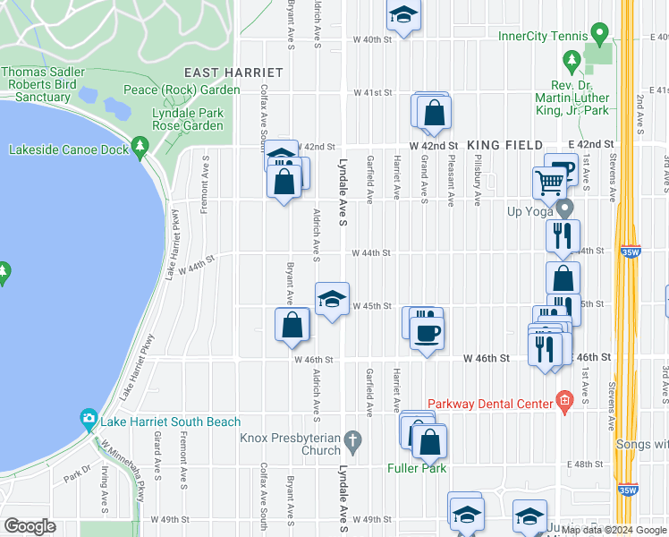 map of restaurants, bars, coffee shops, grocery stores, and more near 4412 Lyndale Ave S in Minneapolis