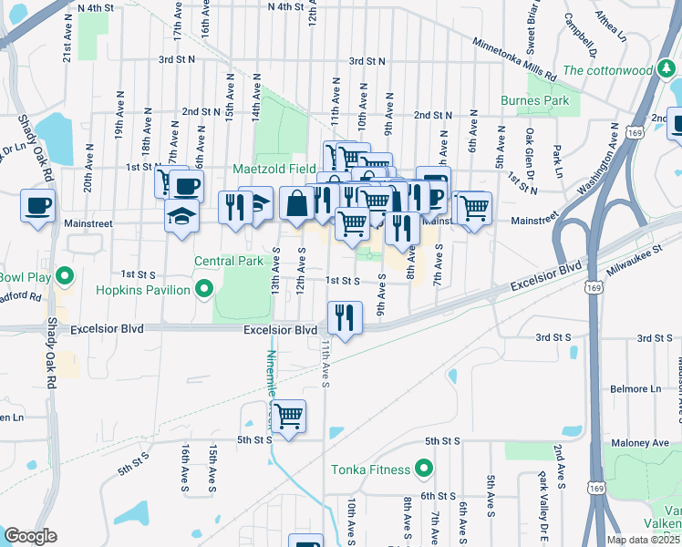 map of restaurants, bars, coffee shops, grocery stores, and more near 1011 1st Street South in Hopkins