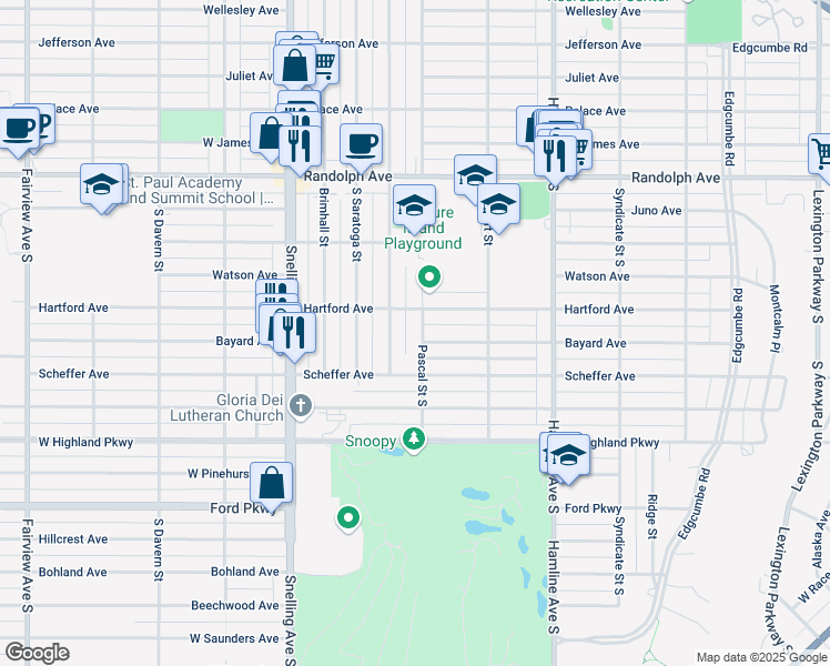 map of restaurants, bars, coffee shops, grocery stores, and more near 621 Pascal Street South in Saint Paul