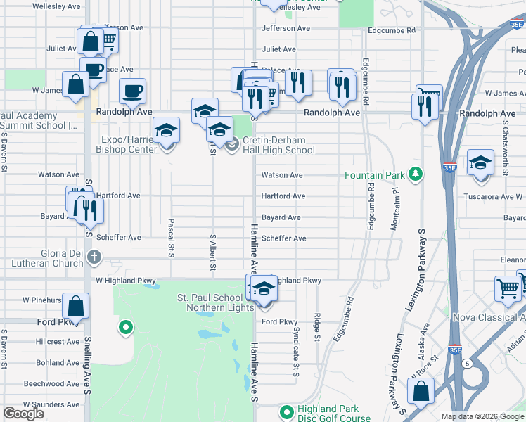 map of restaurants, bars, coffee shops, grocery stores, and more near 1318 Bayard Avenue in Saint Paul