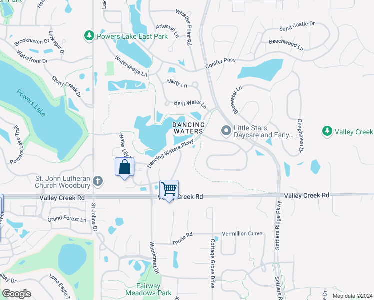 map of restaurants, bars, coffee shops, grocery stores, and more near 10832 Falling Water Lane in Woodbury