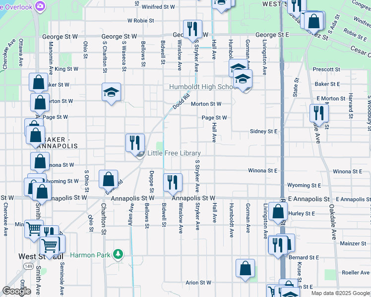 map of restaurants, bars, coffee shops, grocery stores, and more near 799 Stryker Avenue in Saint Paul