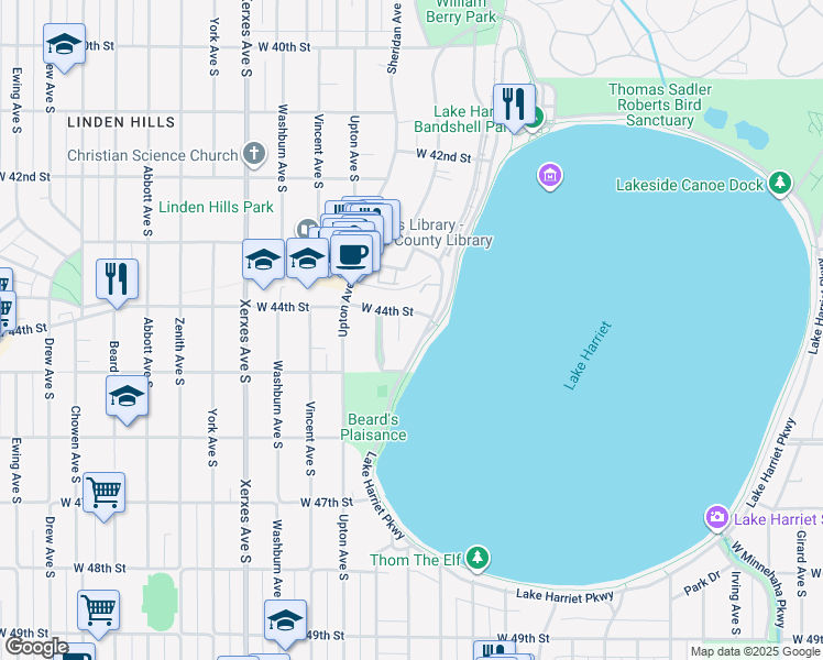 map of restaurants, bars, coffee shops, grocery stores, and more near 4430 West Lake Harriet Parkway in Minneapolis