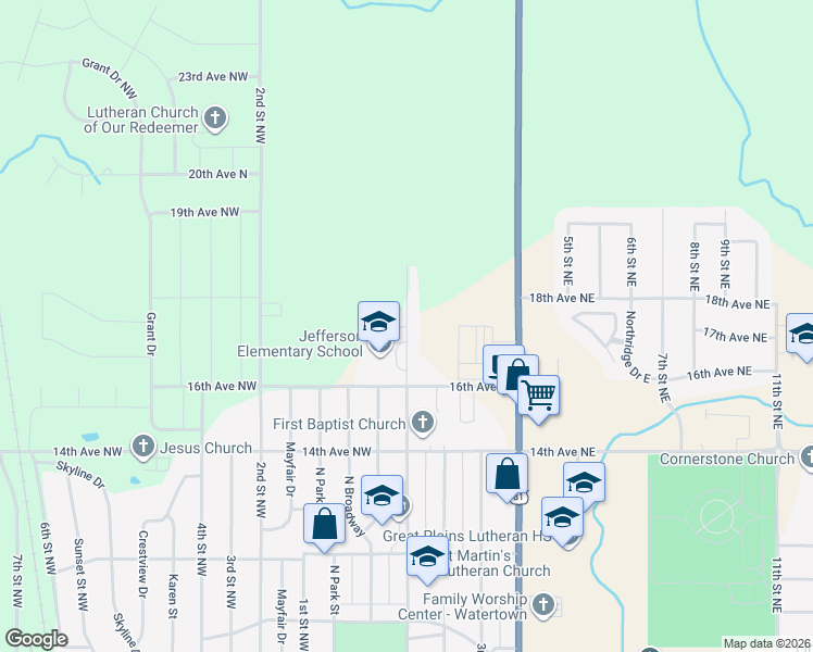 map of restaurants, bars, coffee shops, grocery stores, and more near 1701 North Maple in Watertown