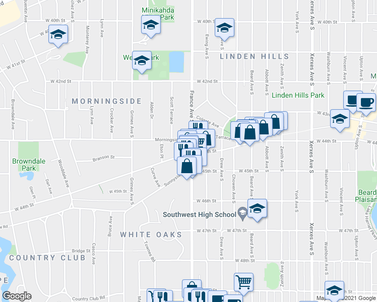 map of restaurants, bars, coffee shops, grocery stores, and more near 4402 1/2 France Avenue South in Minneapolis