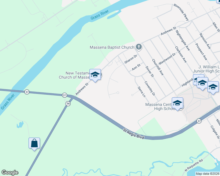 map of restaurants, bars, coffee shops, grocery stores, and more near 11 Wellington Dr in Massena