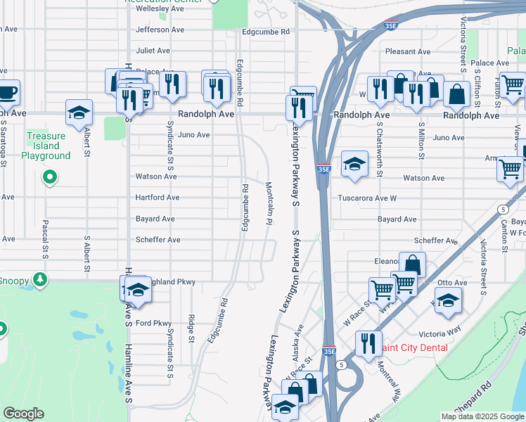 map of restaurants, bars, coffee shops, grocery stores, and more near 639 Montcalm Place in Saint Paul