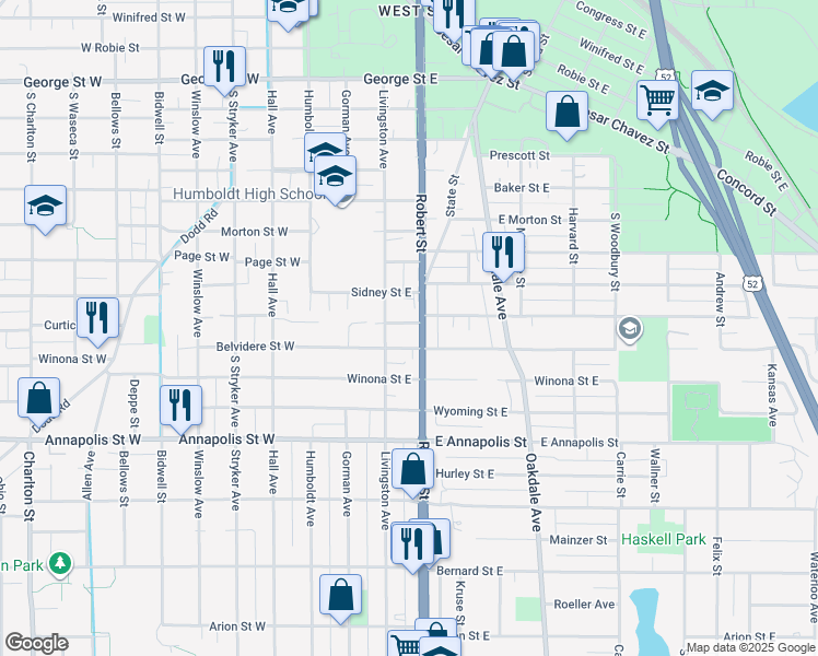 map of restaurants, bars, coffee shops, grocery stores, and more near 745 South Robert Street in Saint Paul