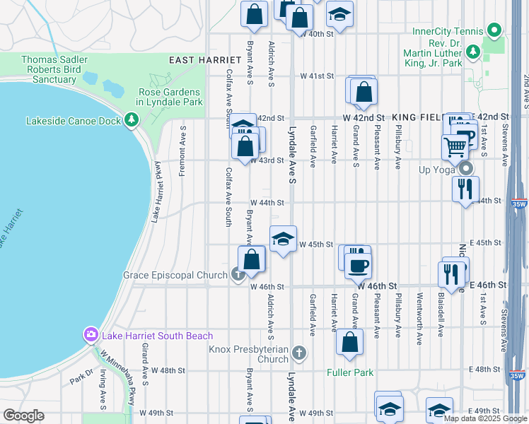 map of restaurants, bars, coffee shops, grocery stores, and more near 4355 Aldrich Avenue South in Minneapolis