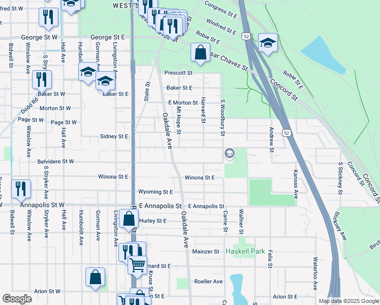 map of restaurants, bars, coffee shops, grocery stores, and more near 210 Mount Hope Street in Saint Paul